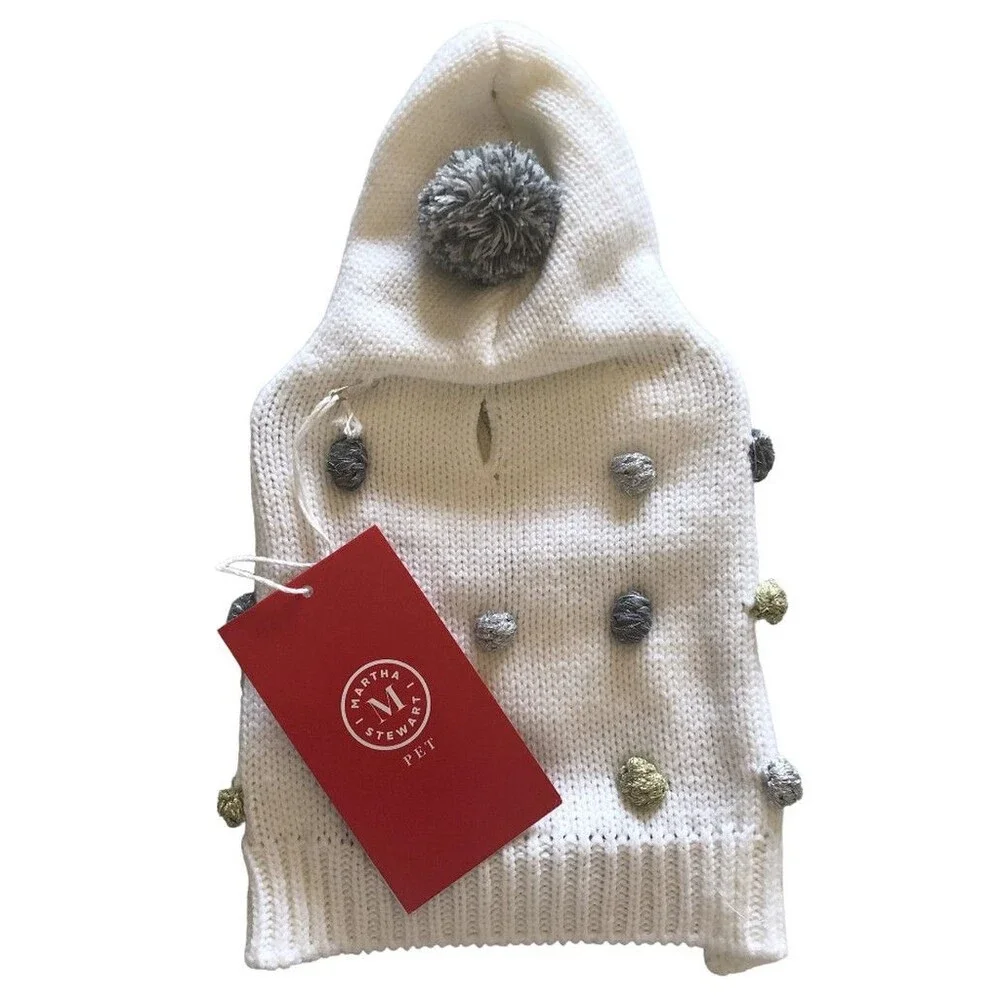 Martha Stewart Hooded Extra Small Dog White Sweater Knit XS Gold Silver Pom Pom